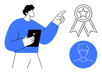 Person in blue holding a tablet pointing to a badge with a star, profile avatar nearby. Ideal for success, awards, recognition, leadership, motivation, personal growth, teamwork simple flat metaphor