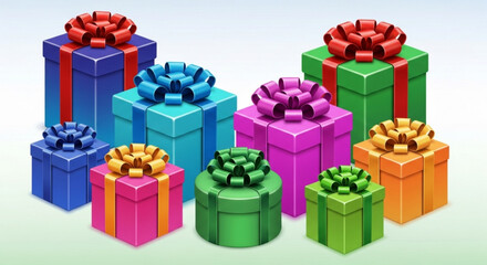 Vibrant array of colorful gift boxes with ribbons, perfect for birthdays, holidays, and celebrations, adding joy and excitement to any special occasion