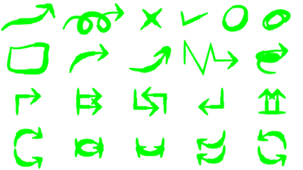 A collection of hand-drawn green marker arrows and annotation symbols on a white background.