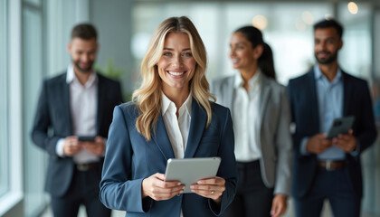 Successful businesswoman with tablet smiles. Diverse colleagues work in modern office background. Team meets for corporate strategy discussion and planning.