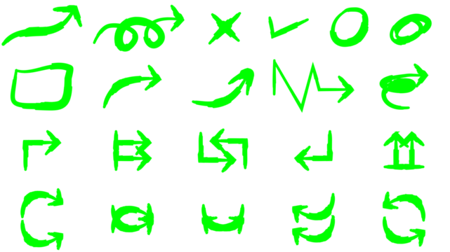 A collection of hand-drawn green marker arrows and annotation symbols on a white background.