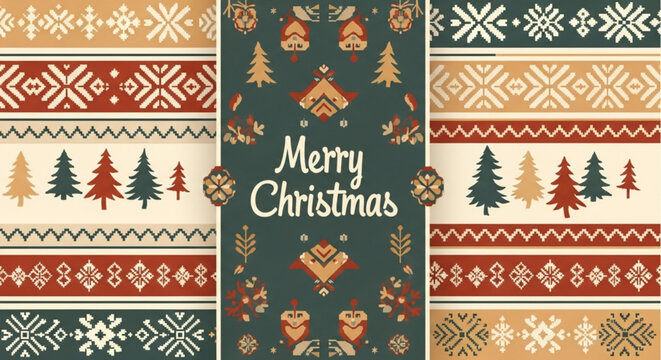 Festive Christmas cheer with a folk art inspired design evokes cozy holiday spirit, perfect for cards, invitations, and seasonal promotions