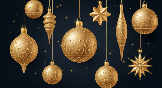 Elegant golden Christmas ornaments create a festive holiday mood for seasonal decor, bringing a touch of luxury and sparkle to celebrate the new year