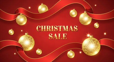 Elegant Christmas Sale Announcement with Golden Ornaments and Red Ribbons, Perfect for Holiday Promotions and Seasonal Marketing Campaigns to Boost Sales