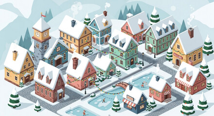 Charming winter village scene with snow-covered houses, perfect for holiday greetings, children's books, or festive marketing materials, a joyful Christmas townscape