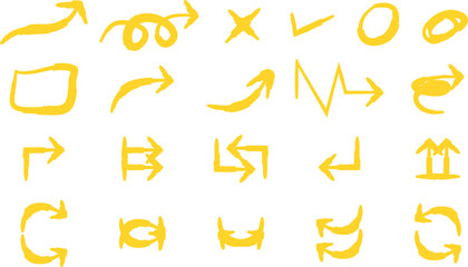 A diverse collection of hand-drawn yellow arrows and doodle symbols on a white background.