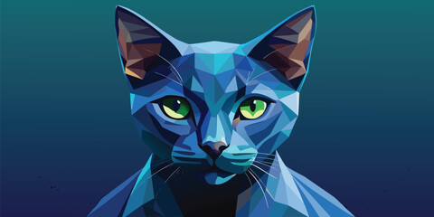 A beautiful russian blue cat with green eyes in a geometric cartoon illustration