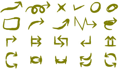Collection of hand-drawn sketchy green arrows, checkmarks, and other symbols on a white background.