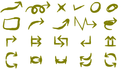 Collection of hand-drawn sketchy green arrows, checkmarks, and other symbols on a white background.