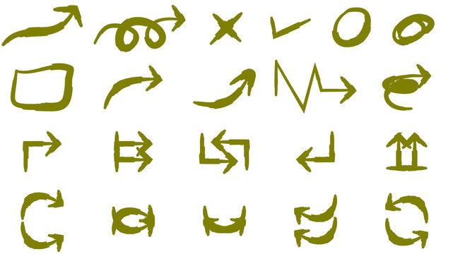 Collection of hand-drawn sketchy green arrows, checkmarks, and other symbols on a white background. - Powered by Adobe