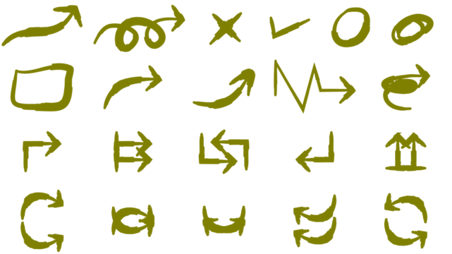 Collection of hand-drawn sketchy green arrows, checkmarks, and other symbols on a white background.