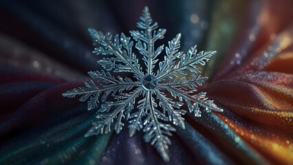 Perfectly formed macro snow crystal glistening with ice and delicate symmetry resting on a richly colored patterned fabric material. Winter and science concept