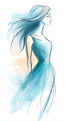 Fototapeta premium Beautiful Woman Silhouette with Long Hair Dancing Ballet in Pastel Watercolor Style for Rest and Spa Themes