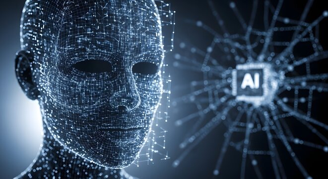Digital human head made of dots and lines with AI logo in a futuristic network background