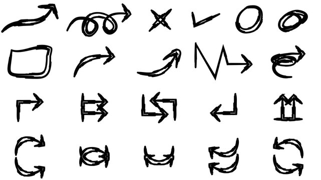 A collection of hand-drawn black doodle arrows and various symbols on a white background.