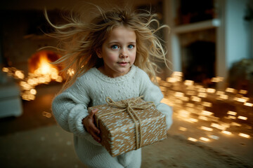 Christmas Morning Child Running with Gift Across Living Room