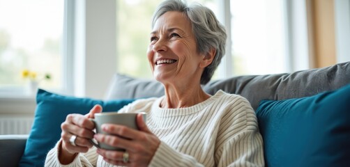 Smiling senior woman sits on sofa in cozy apartment. She holds coffee mug looking upwards dreaming. Mature female enjoys morning tea relaxing. Elderly person resting at home during weekend.