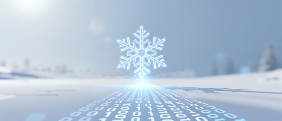 A glowing snowflake icon over a path of binary code in a winter landscape. Futuristic concept of cold data storage and cloud computing technology