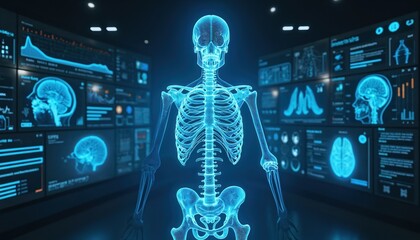 Human skeleton model stands in medical laboratory. Monitors display brain scans. Future tech helps doctors improve patient treatment. Healthcare innovation for hospital industry. Medical examination