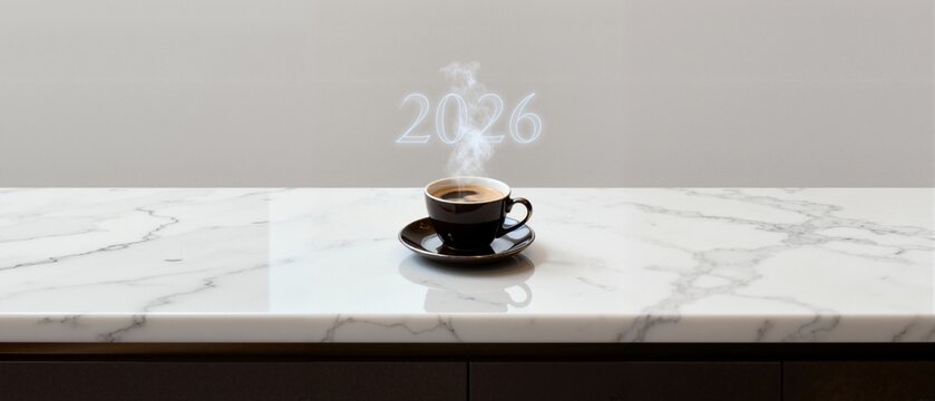 Steaming cup of coffee with the year 2026 formed in the vapor. New year concept for future planning and goals. Modern minimalist background with copy space - Powered by Adobe