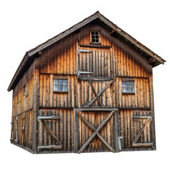 Weathered Wooden Barn with Large Double Doors and Small Windows Set Against a Black Background Isolated Old Farm Structure Rustic Architectural Detail