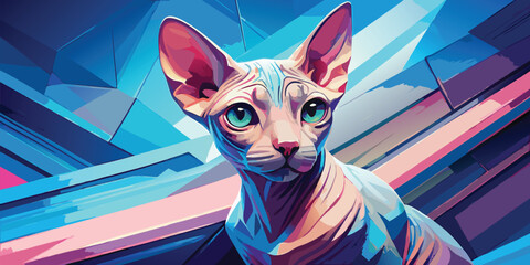 Portrait of a hairless sphynx cat with big green eyes and pink skin, vector illustration