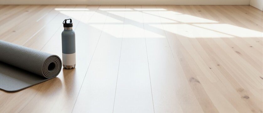 Rolled grey yoga mat and water bottle on a wooden floor. Fitness and healthy lifestyle concept for a home workout. Wellness background with copy space