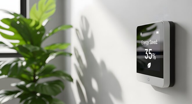 Smart home thermostat mounted on a white wall with a plant nearby