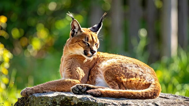Majestic Caracal Wild Cat Resting on a Rock in Nature.