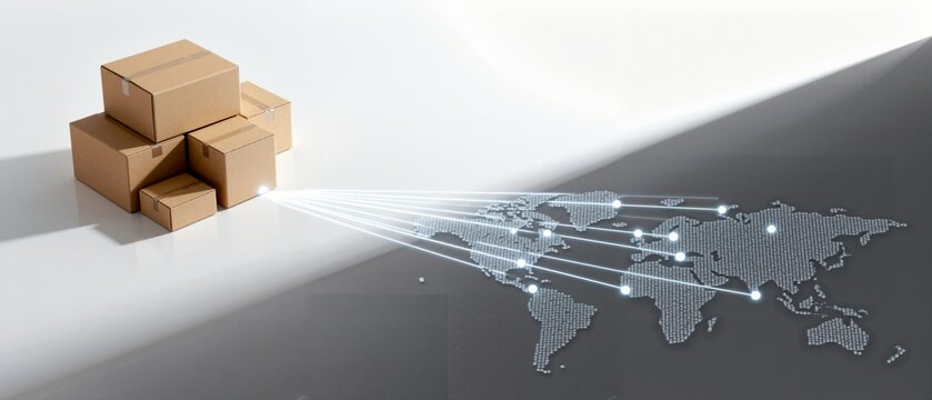 Global logistics and international shipping concept. Cardboard boxes connecting to a worldwide distribution network on a digital map. E-commerce and supply chain management background - Powered by Adobe