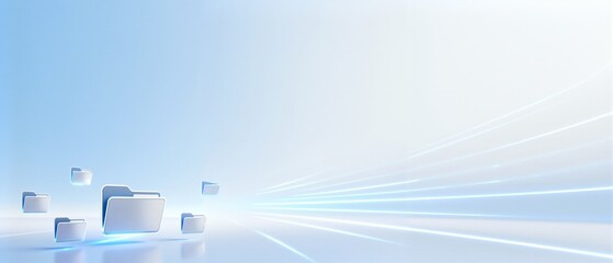 Digital data transfer and file management concept. 3D folder icons with high-speed light streaks on a blue background. Information technology and cloud computing banner