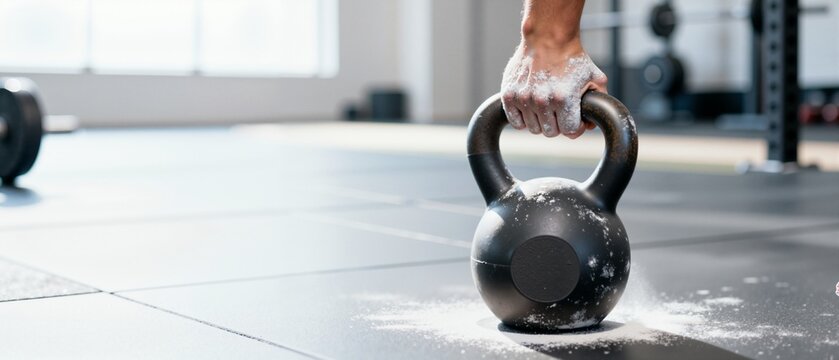Close-up of a muscular hand with chalk lifting a heavy kettlebell. Strength training and fitness workout in a gym. Panoramic banner with copy space