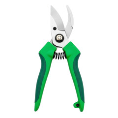 Green handled bypass pruners with sharp blades for gardening.
