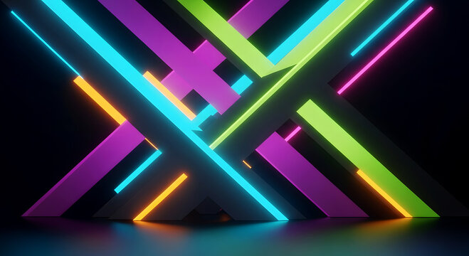 Abstract arrangement of neon lines glowing in darkness