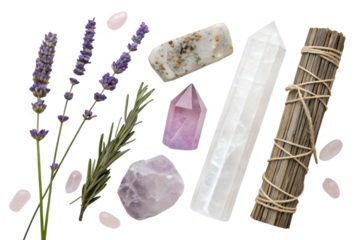 Crystals and lavender with rosemary sprig for holistic healing
