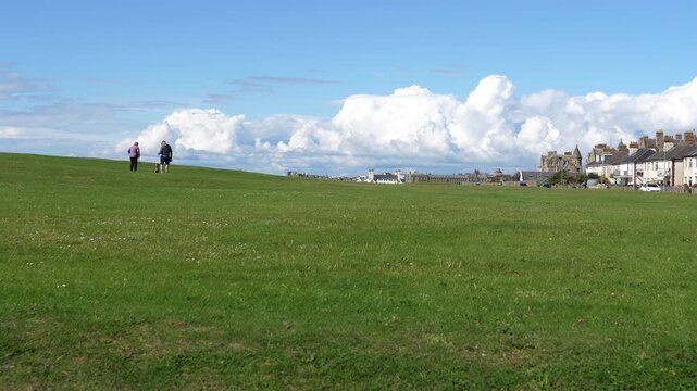 Man and senior woman playing with dog in the field in town Ayr in the background, Scotland.