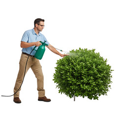 Man spraying pesticide on a bush in his garden.