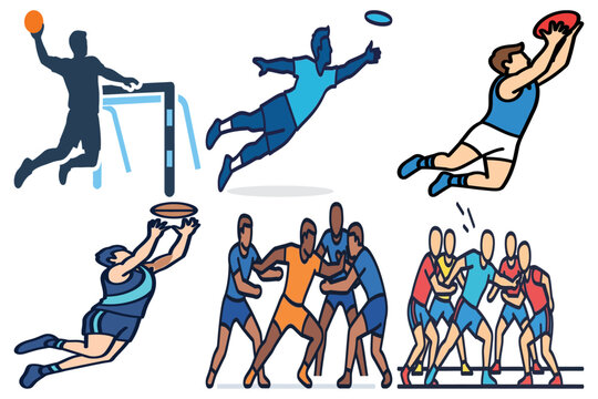 Dynamic Sports Action Vector Illustrations: Handball, Ultimate Frisbee, Rugby, and Australian Rules Football Players in Competition and Teamwork