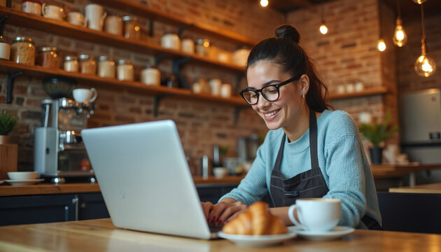Young woman wears glasses works on laptop. Smiling cafe owner checks inventory near coffee cup and pastry. Her cozy shop has brick walls and shelves.