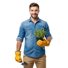 Smiling Gardener Holding Plant and Trowel Ready to Plant.