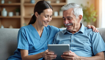 Smiling nurse consults old man at home. They use tablet for healthcare support. Elderly patient and caregiver together in retirement check results. Medical checkup via telemedicine on the couch.