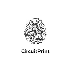 Stylized digital fingerprint with circuit board design in black. The word "CircuitPrint" appears below the image