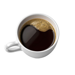 White Ceramic Coffee Cup Filled With Dark Black Coffee And Frothy Bubbles Isolated On Transparent Background Overhead View