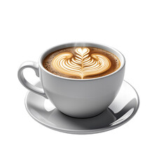 White ceramic cup filled with latte art coffee showcasing intricate leaf pattern and rich crema isolated on a clean black background with soft studio lighting