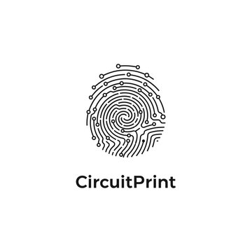 Stylized digital fingerprint with circuit board design in black. The word "CircuitPrint" appears below the image