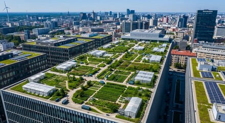 Aerial view of a modern green rooftop garden in a city with sleek skyscrapers and buildings.