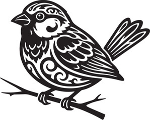 Obraz premium Detailed black and white illustration of a small bird perched on a branch