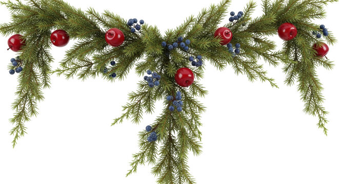 Isolated evergreen garland with red apples and blueberries, holiday decoration, Christmas decor - Powered by Adobe