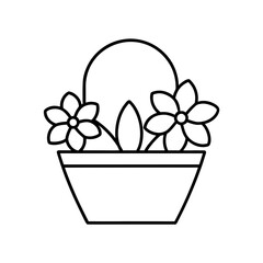 Outline drawing of flowers in a basket with a handle on transparent background