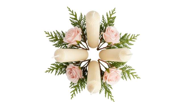 Isolated still life featuring decorative floral arrangement with wax candles and roses